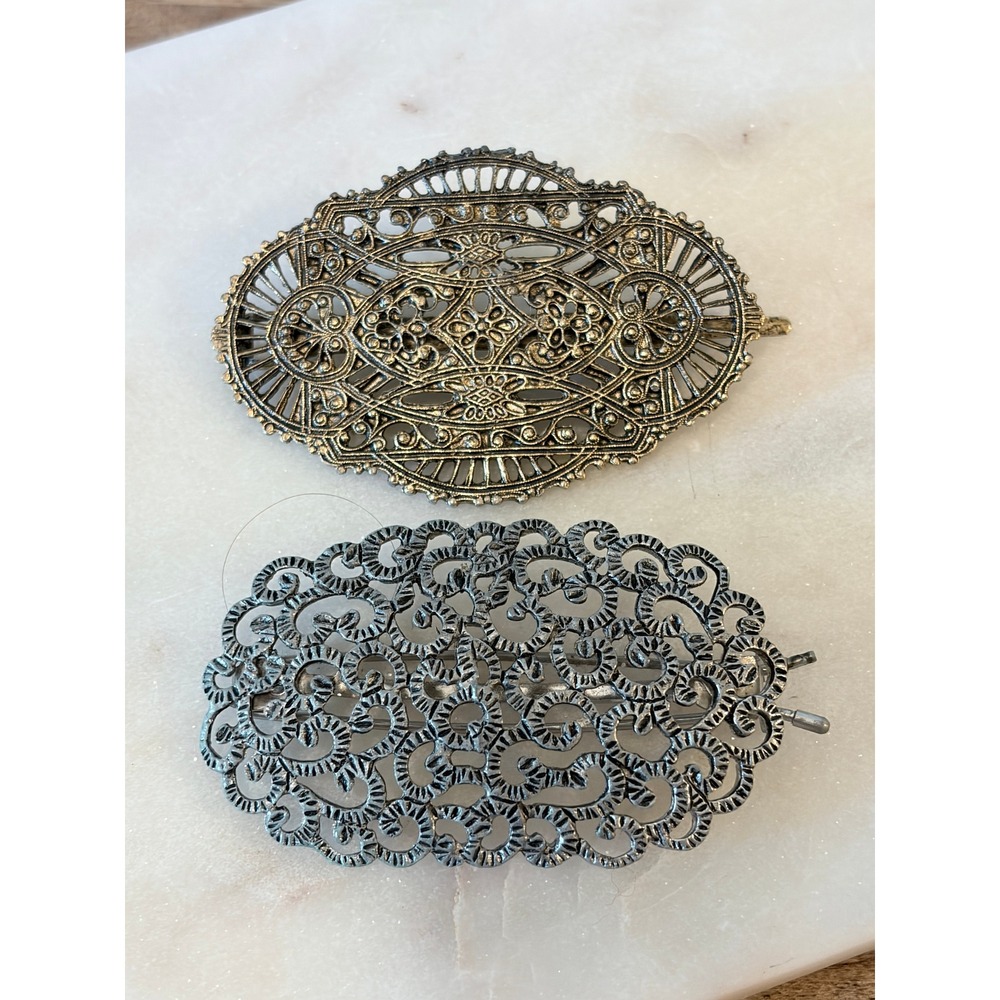 Vintage Gold Silver Tone Filigree Metal Scrollwork Hair Barrette Set OS